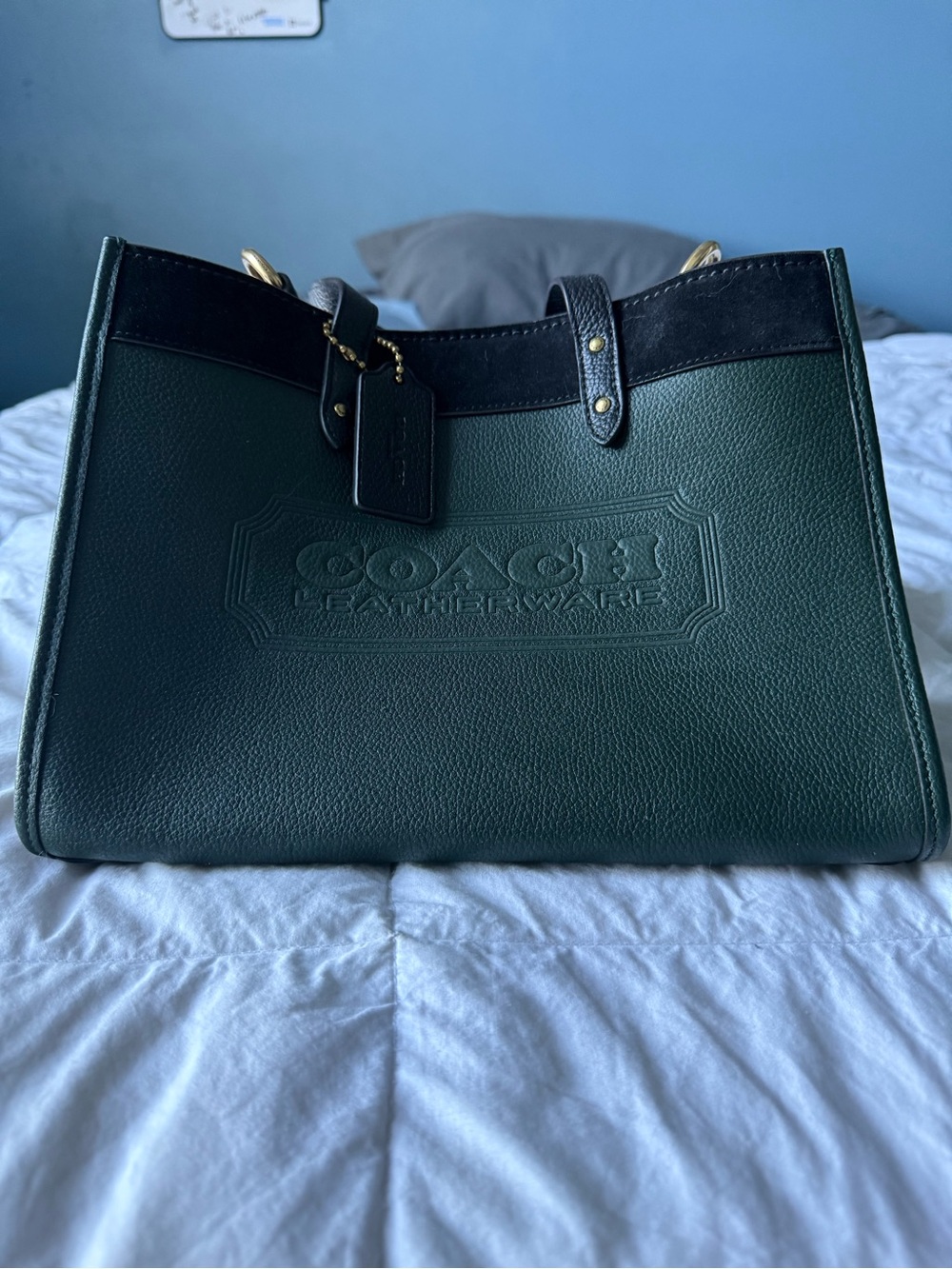 Coach Dark Green Leather Tote with Black Trim